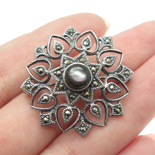 925 Sterling Silver Vintage Real Abalone Shell & Marcasite Gem Ornate Pin Brooch