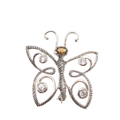 925 Sterling Silver Vintage Real Smoky Quartz & C Z Butterfly Pin Brooch