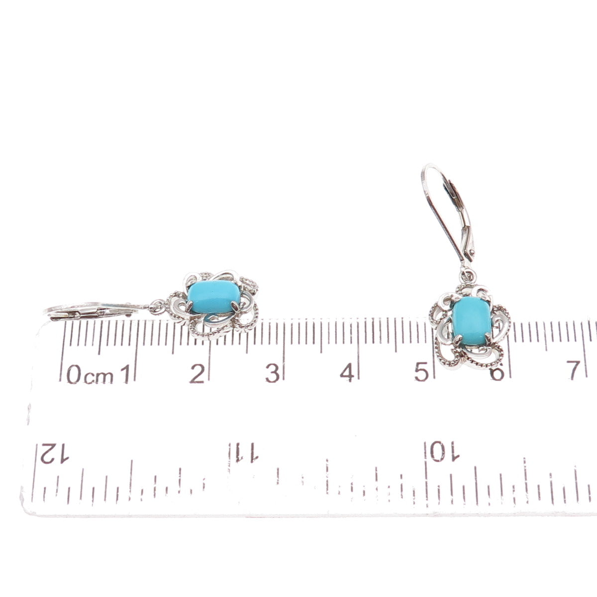 925 Sterling Silver Real Sleeping Beauty Turquoise Floral Dangle Earrings