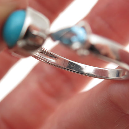 925 Sterling Silver Real Turquoise & Blue Topaz Adjustable Ring Size 8.25