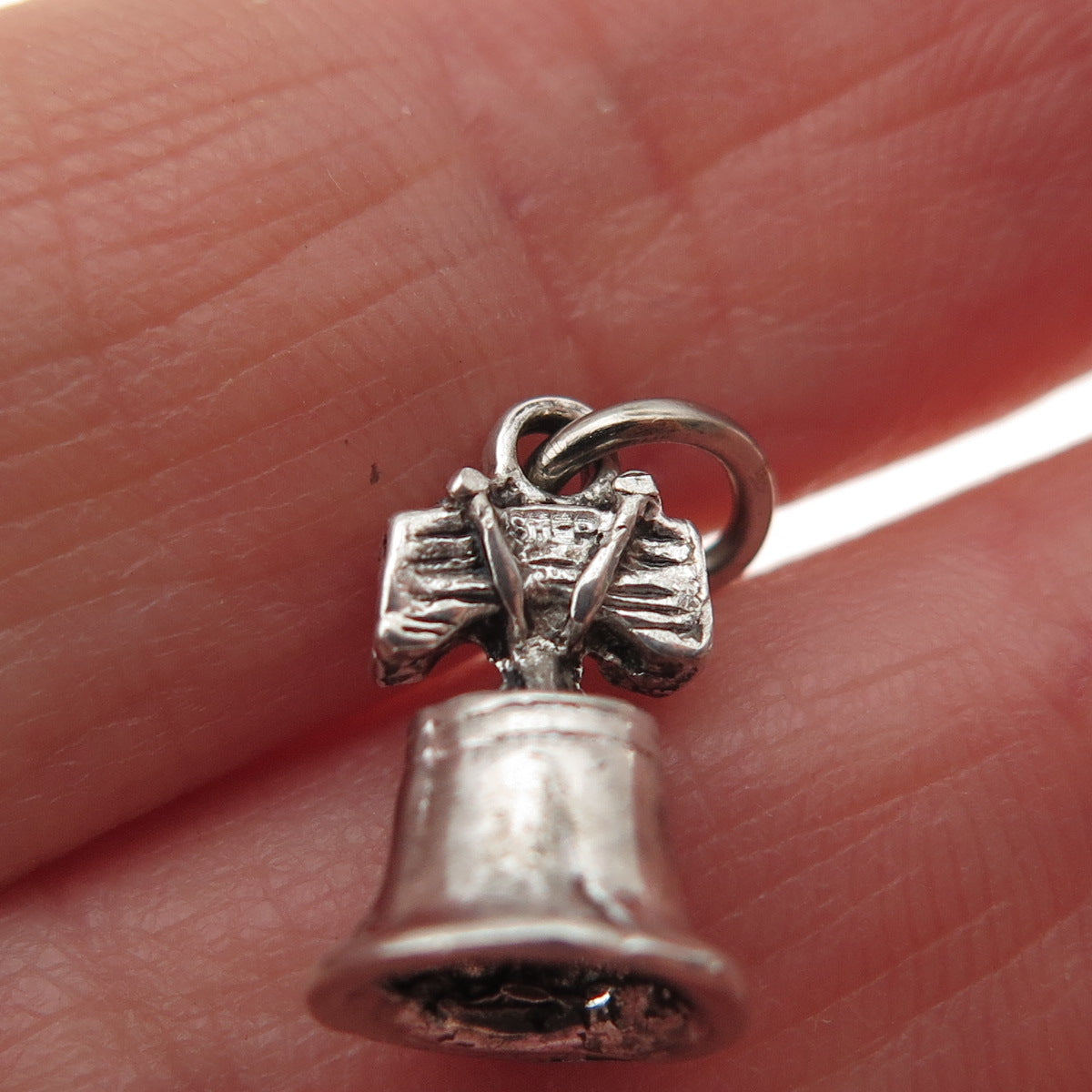925 Sterling Silver Vintage Liberty Bell Oxidized 3D Mini Charm Pendant