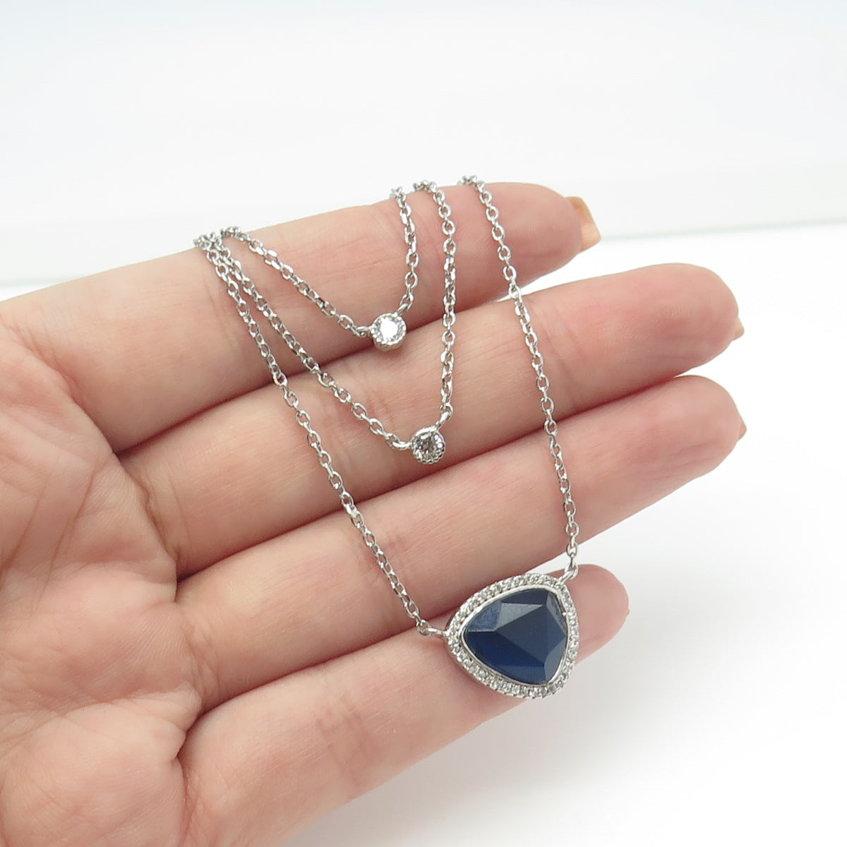 925 Sterling Silver Blue Glass & White Rhinestone 3-Row Chain Necklace 14-16"