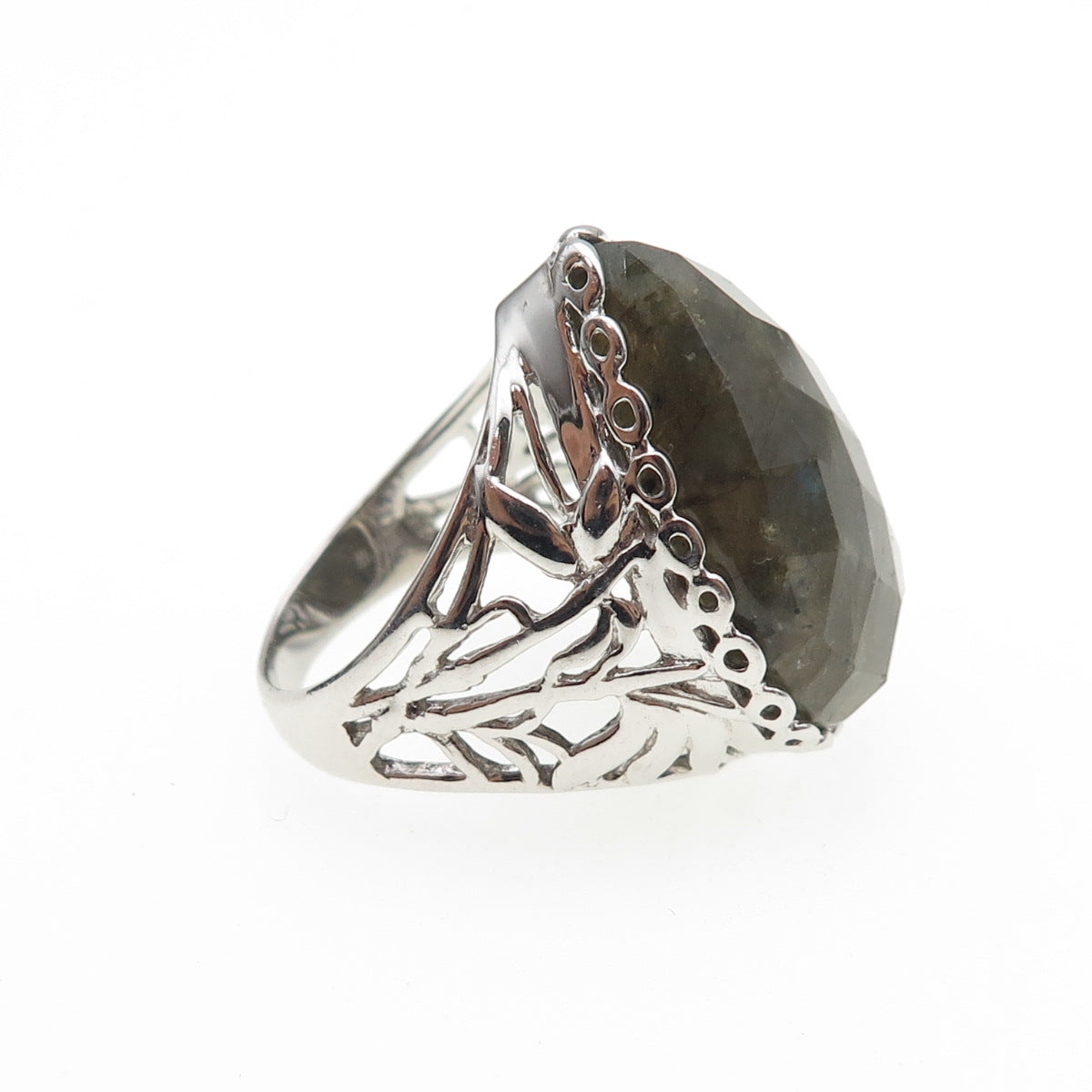 925 Sterling Silver Real Labradorite Floral Teardrop Ring Size 8.25