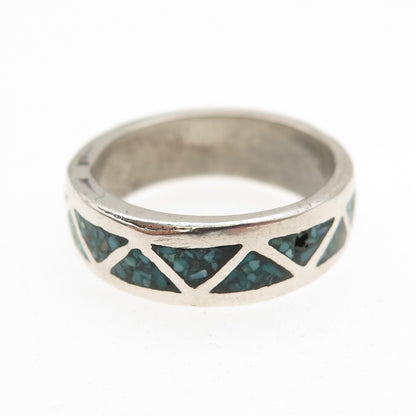 Old Pawn 925 Sterling Silver Vintage Turquoise Inlay Tribal Band Ring Size 6.25