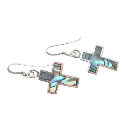 ATI ANNIKA WITT Sterling Silver Vintage Real Abalone Shell Cross Dangle Earrings