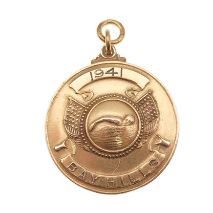 1/20 10K Gold Filled Antique WWII 1941 Bay Hills Swimming Medal Charm Pendant