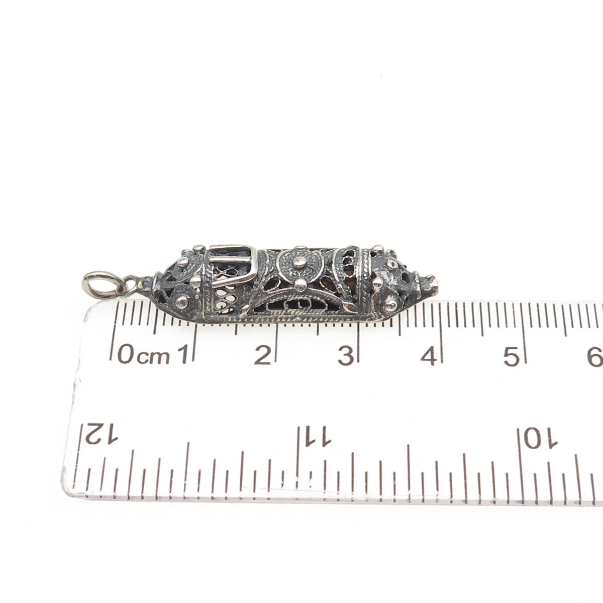925 Sterling Silver Vintage Israel Mezuzah Filigree Oxidized Charm Pendant