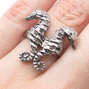 925 Sterling Silver Black Rhodium 2-Tone Real Diamond Seahorses Ring Size 7.25