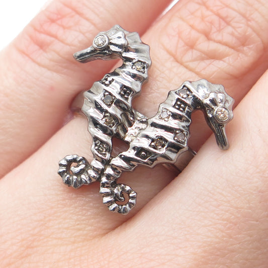 925 Sterling Silver Black Rhodium 2-Tone Real Diamond Seahorses Ring Size 7.25
