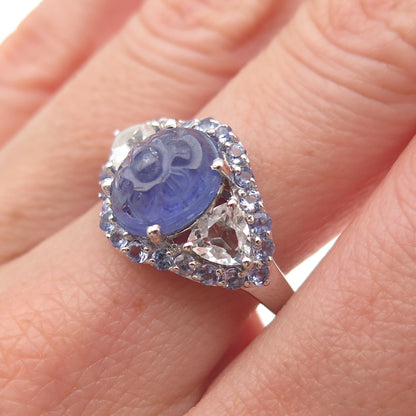 Chuck Clemency 925 Sterling Real Tanzanite & White Topaz Floral Ring Size 8.25