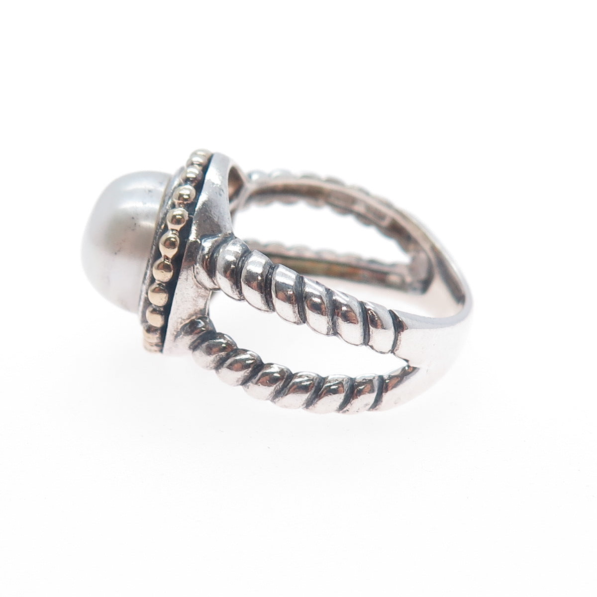 925 Sterling 14K Gold Vintage ATR Real Pearl Beaded Crisscross Ring Size 7.25