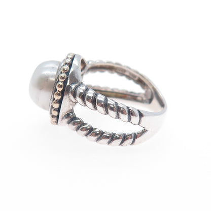 925 Sterling 14K Gold Vintage ATR Real Pearl Beaded Crisscross Ring Size 7.25