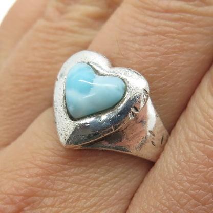 925 Sterling Silver Vintage Real Larimar Gemstone Heart Ring Size 8.25