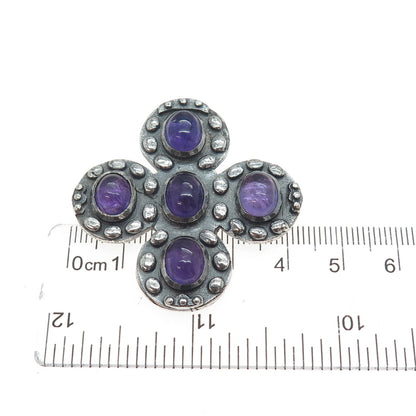 925 Sterling Silver Vintage Real Amethyst Modernist Cross Oxidized Pendant