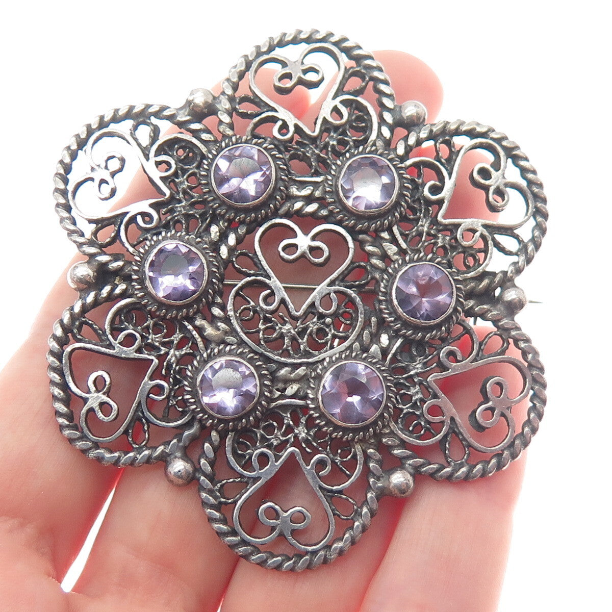 925 Sterling Silver Antique Real Amethyst Filigree Flower Heart Oxidized Brooch