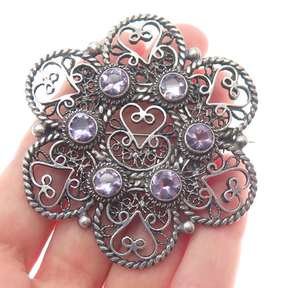 925 Sterling Silver Antique Real Amethyst Filigree Flower Heart Oxidized Brooch