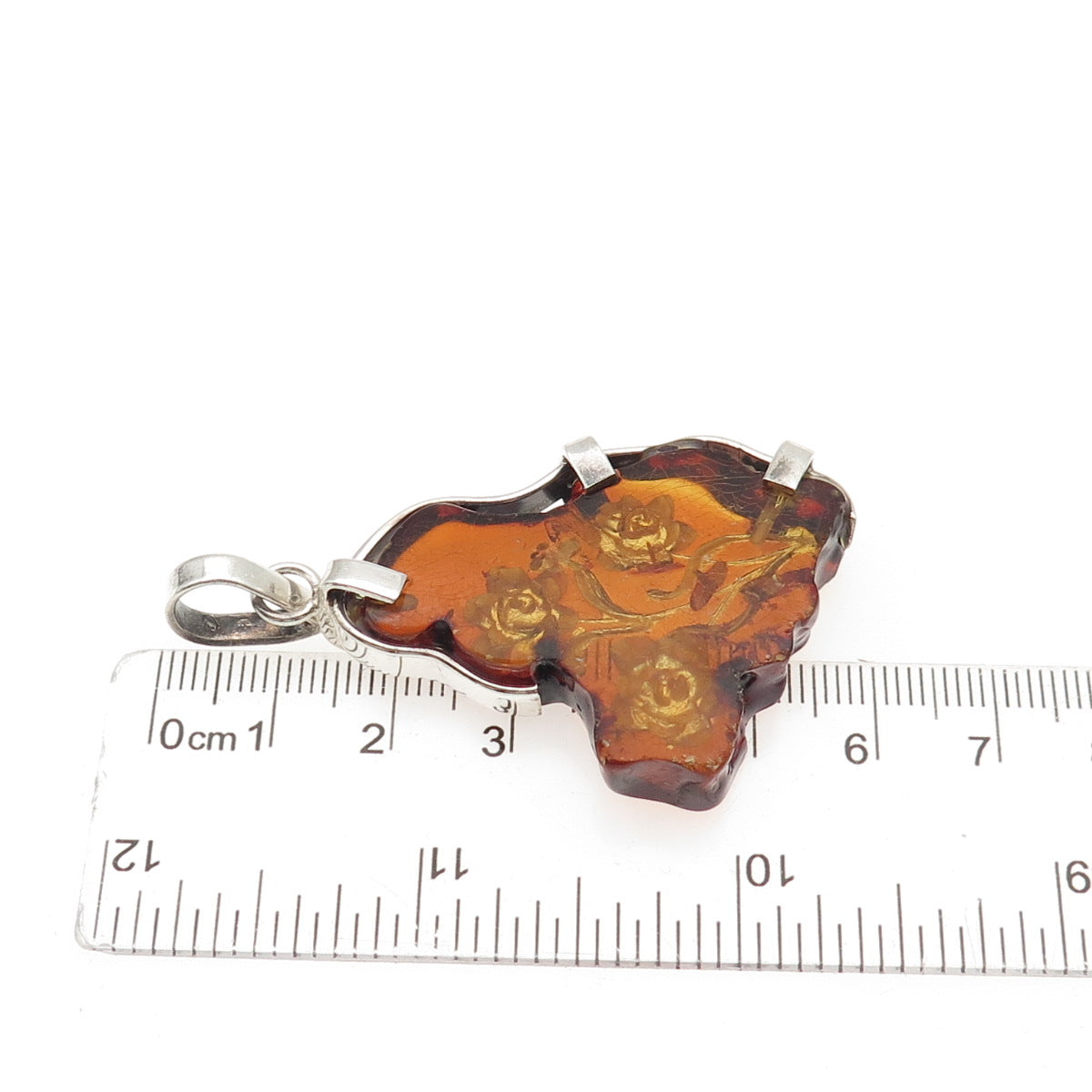 925 Sterling Silver Vintage Real Amber Carved Rose Flower Pendant