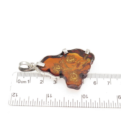 925 Sterling Silver Vintage Real Amber Carved Rose Flower Pendant