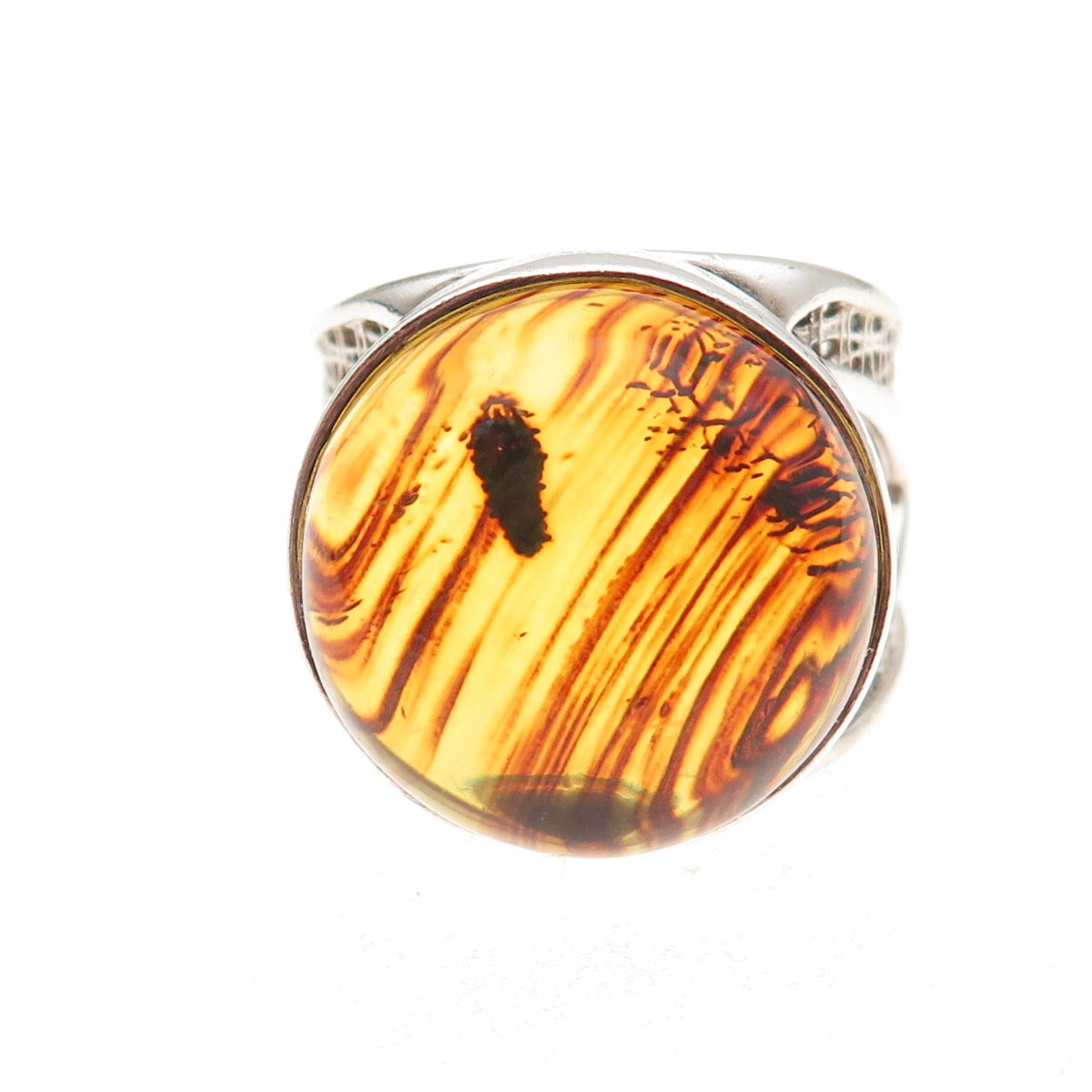 925 Sterling Silver Vintage Real Amber Modernist Oxidized Ring Size 11.25