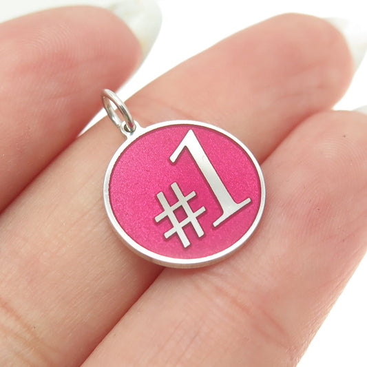 925 Sterling Silver Pink Enamel Number 1 Round Tag Minimalist Charm Pendant