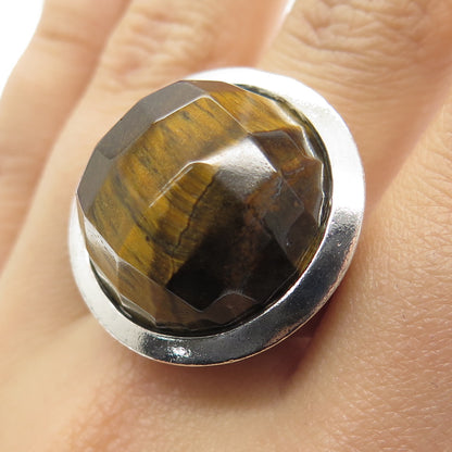 925 Sterling Silver Vintage Real Tiger Eye Gemstone Wide Ring Size 11