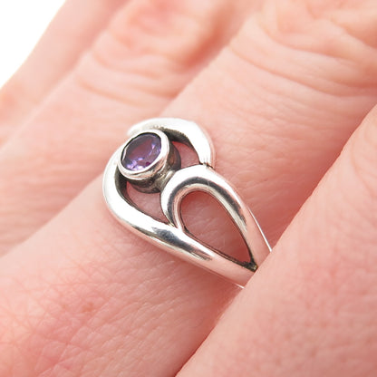 925 Sterling Silver Vintage Real Amethyst Modernist Swirl Ring Size 6.75