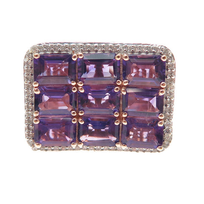 925 Sterling Silver Rose Gold Plated Real Amethyst & White Topaz Ring Size 5.25