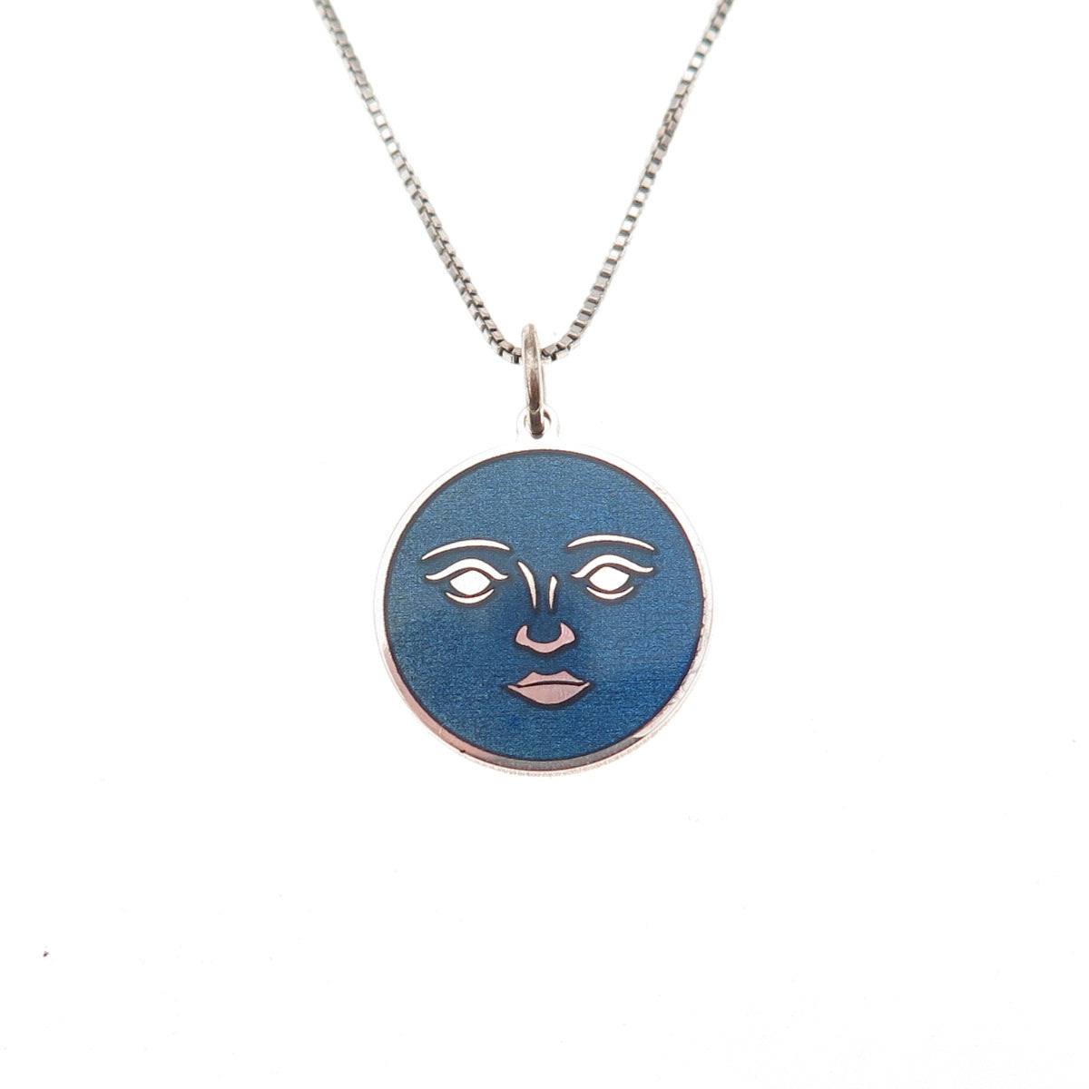 925 Sterling Silver Blue Enamel Moon Face Goddess Box Chain Necklace 18"