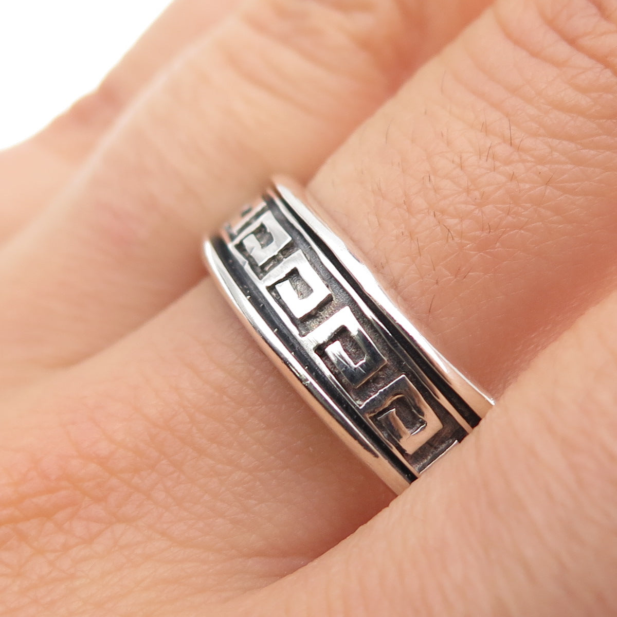 925 Sterling Silver Vintage Greek Key Oxidized Rotating Band Ring Size 12