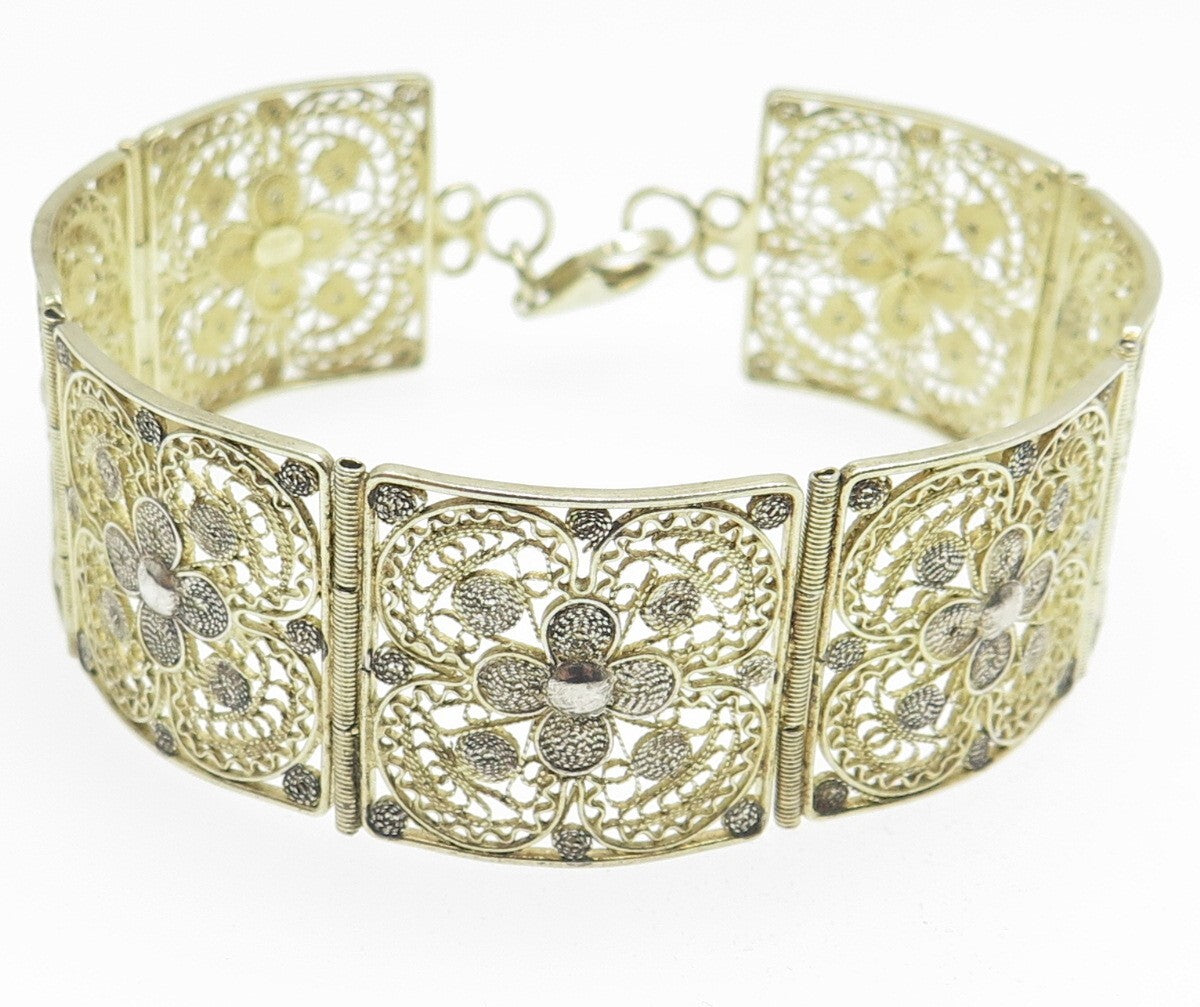 925 Sterling Silver Gold Plated Vintage Italy Filigree Panel Link Bracelet 7.25"
