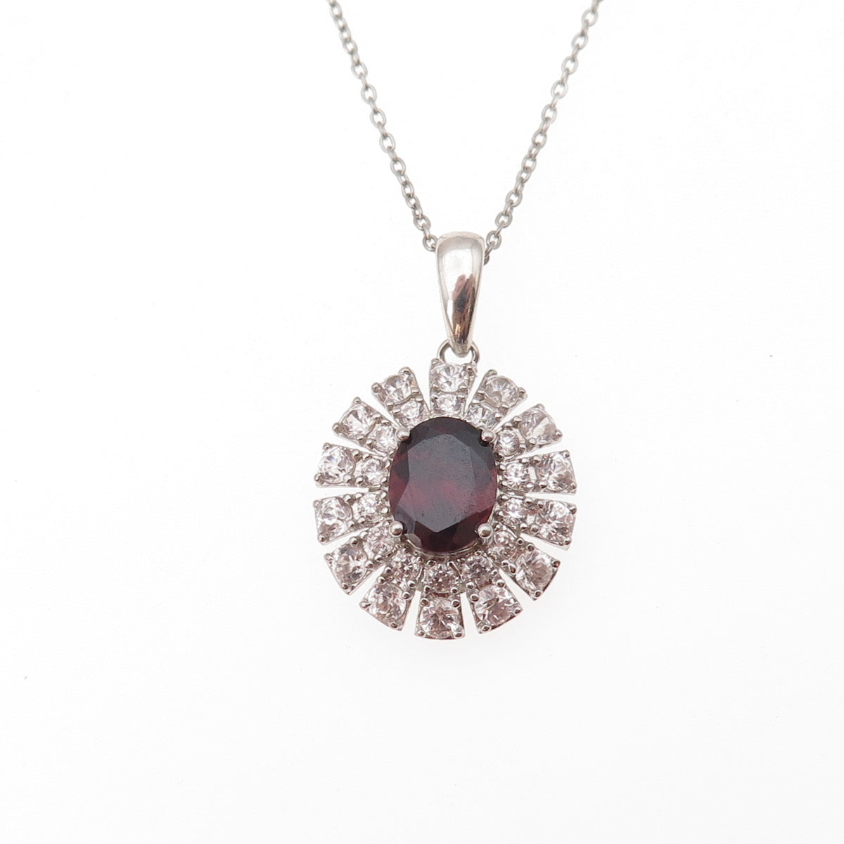 925 Sterling Silver Real Red Garnet White Topaz Floral Cable Chain Necklace 18"