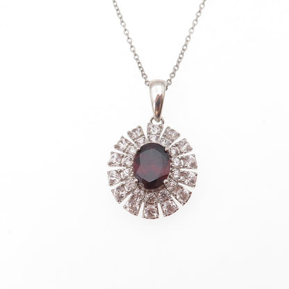 925 Sterling Silver Real Red Garnet White Topaz Floral Cable Chain Necklace 18"