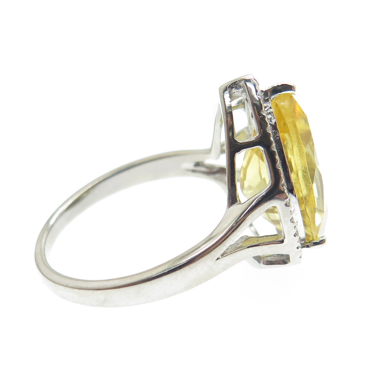 DSMK 925 Sterling Silver White Diamond & Pear-Cut Citrine Gem Ring Size 7.25