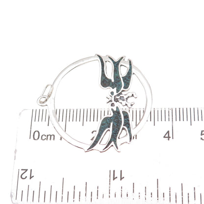 925 Sterling Silver Vintage Real Turquoise Inlay Two Swallow Birds Charm Pendant