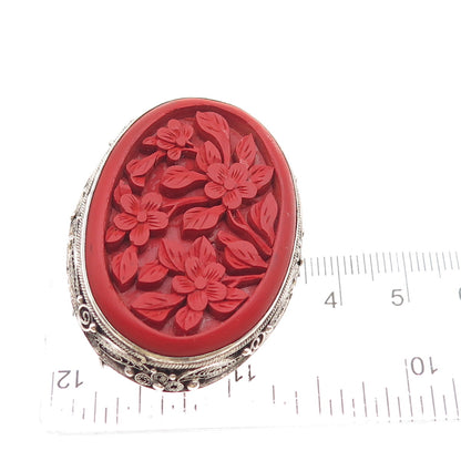 925 Sterling Antique China Export Cinnabar Floral Pin Brooch (missing lock hook)