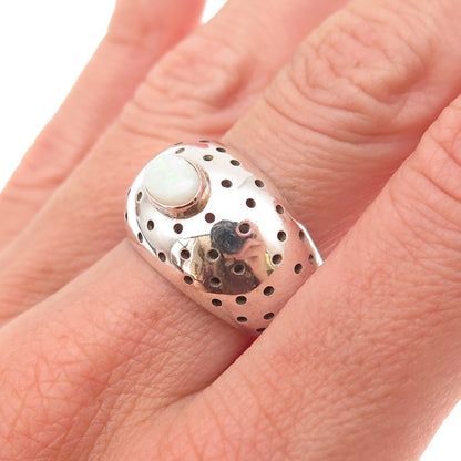 925 Sterling Silver Vintage Real Opal Modernist Dotted Oxidized Ring Size 8