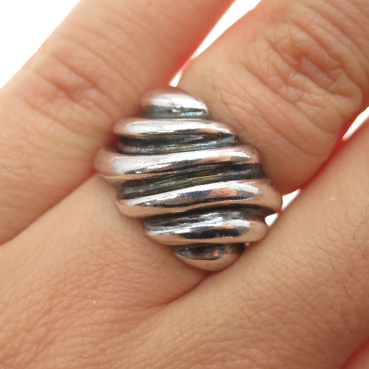 925 Sterling Silver Vintage Modernist Ribbed Oxidized Ring Size 5.25