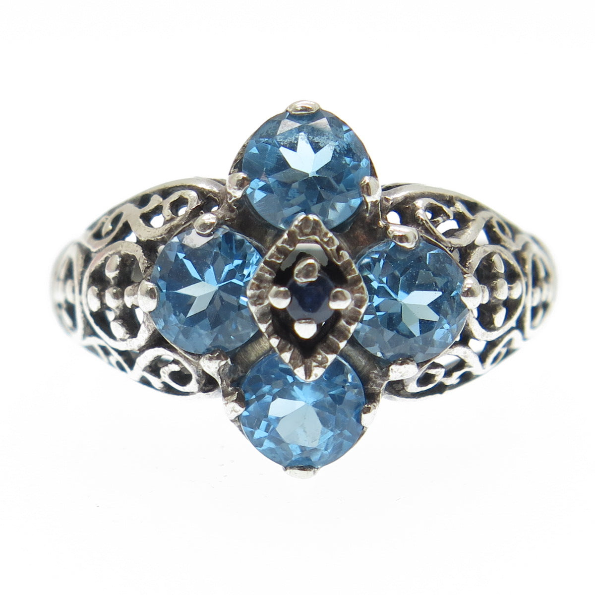 925 Sterling Silver Vintage Real Round-Cut Sapphire & Blue Topaz Ring Size 9