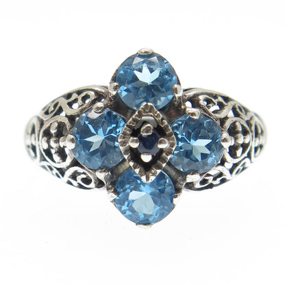 925 Sterling Silver Vintage Real Round-Cut Sapphire & Blue Topaz Ring Size 9