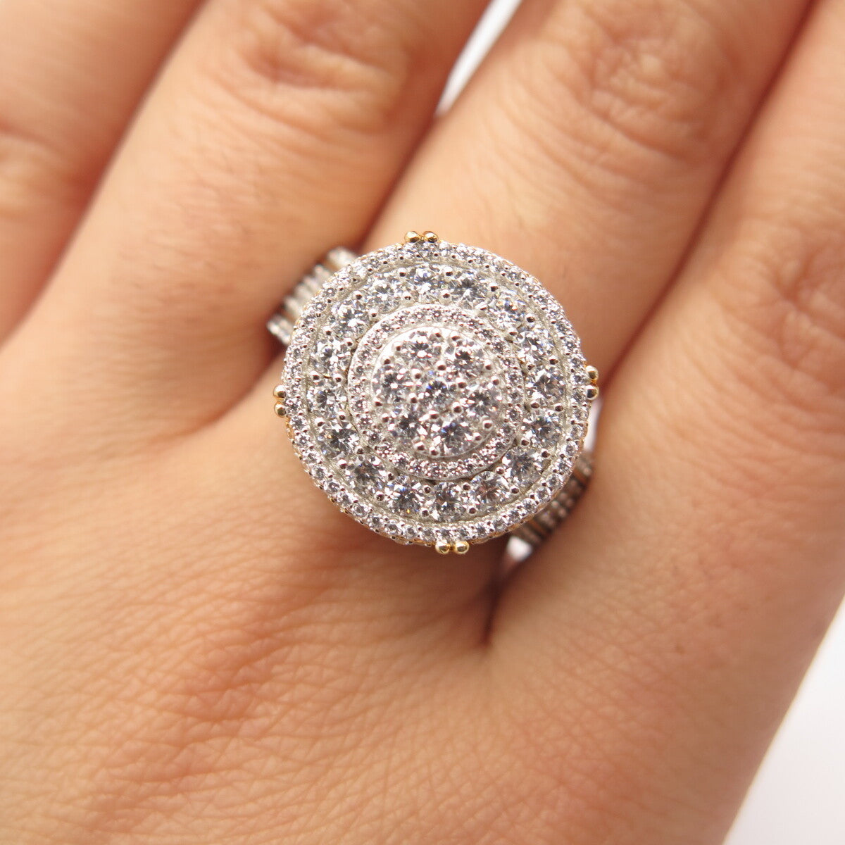 925 Sterling Silver Gold Plated Swarovski Pave C Z Round Ring Size 8 3/4
