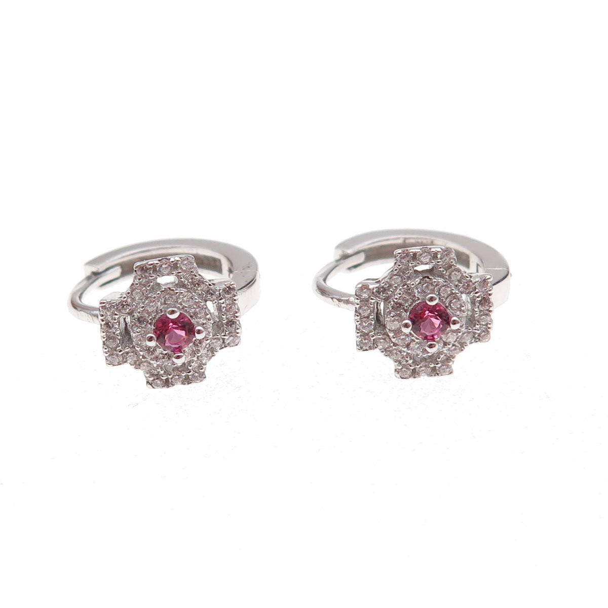 925 Sterling Silver Pink & White C Z Cross Hoop Earrings