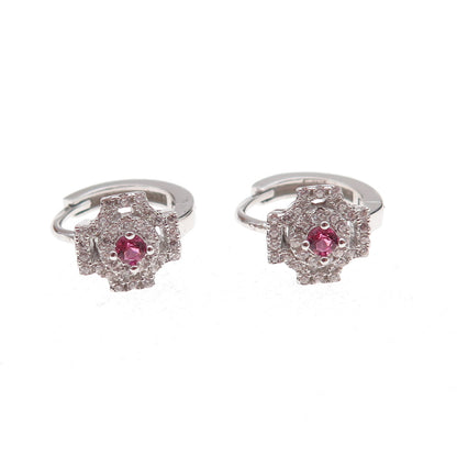 925 Sterling Silver Pink & White C Z Cross Hoop Earrings