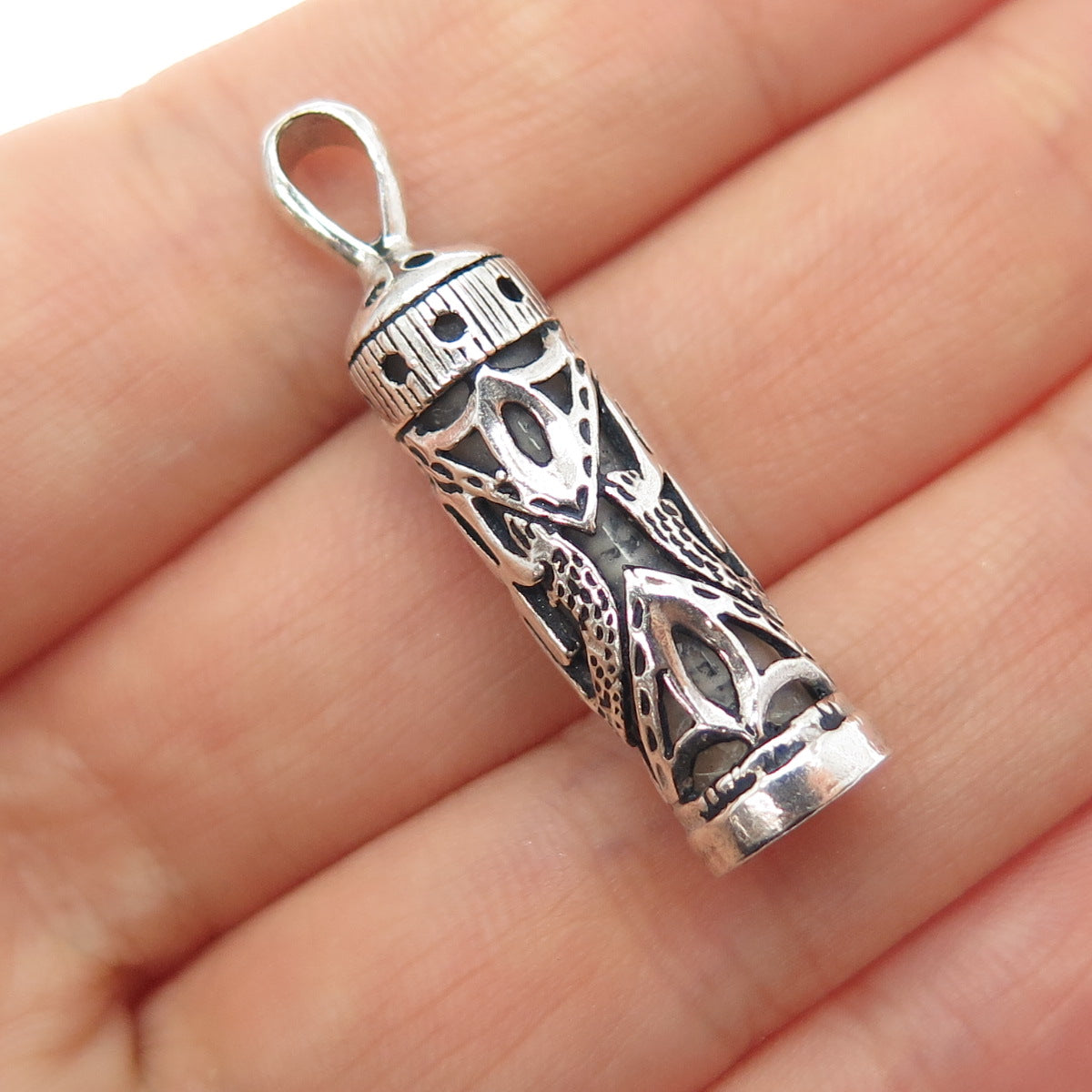 925 Sterling Silver Vintage Mezuzah Scroll Oxidized Charm Pendant