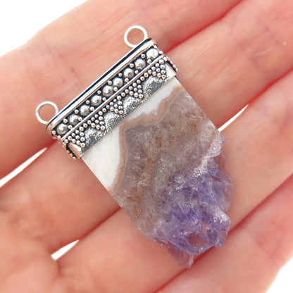 925 Sterling Silver Vintage Amethyst Agate Oxidized Slide Centerpiece Pendant