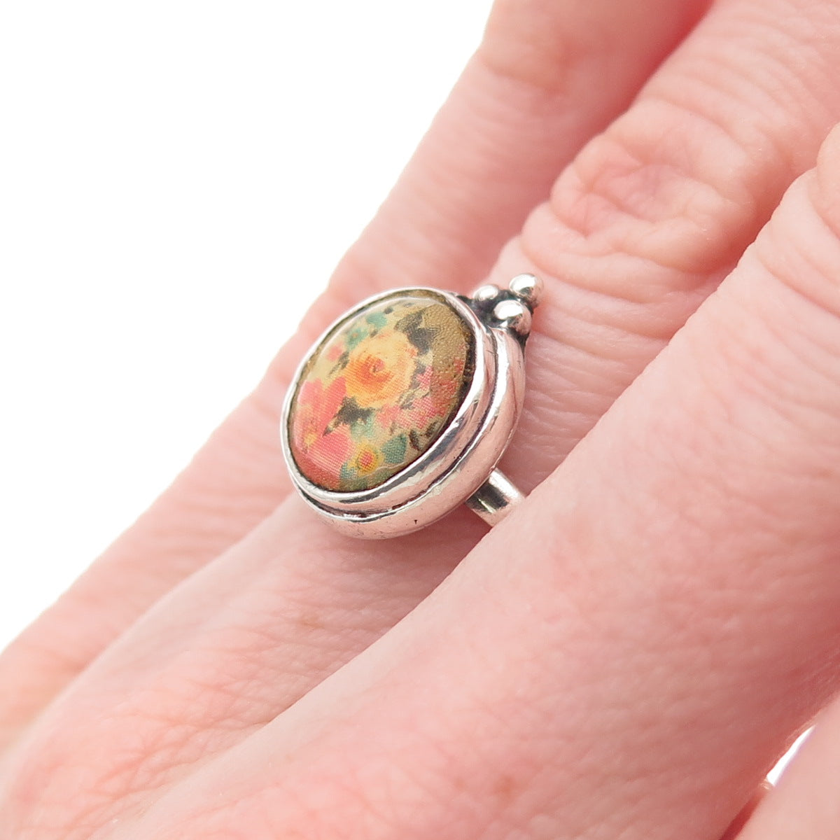 925 Sterling Silver Vintage Enamel Rose Flower Ring Size 5.75