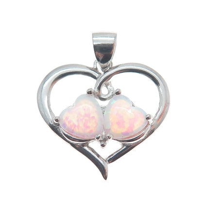 925 Sterling Silver Real Opal Gemstone Open Heart Pendant