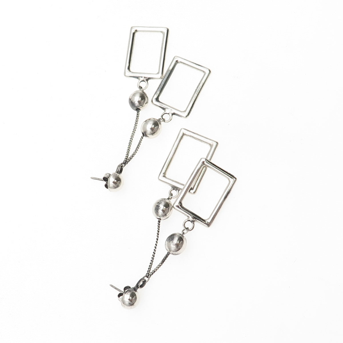 925 Sterling Silver Vintage Modernist Ball Beaded Frame Dangle Earrings