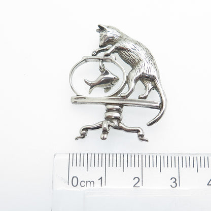 JEZLAINE 925 Sterling Silver Vintage Playing Cat w/ Fish Oxidized Pin Brooch