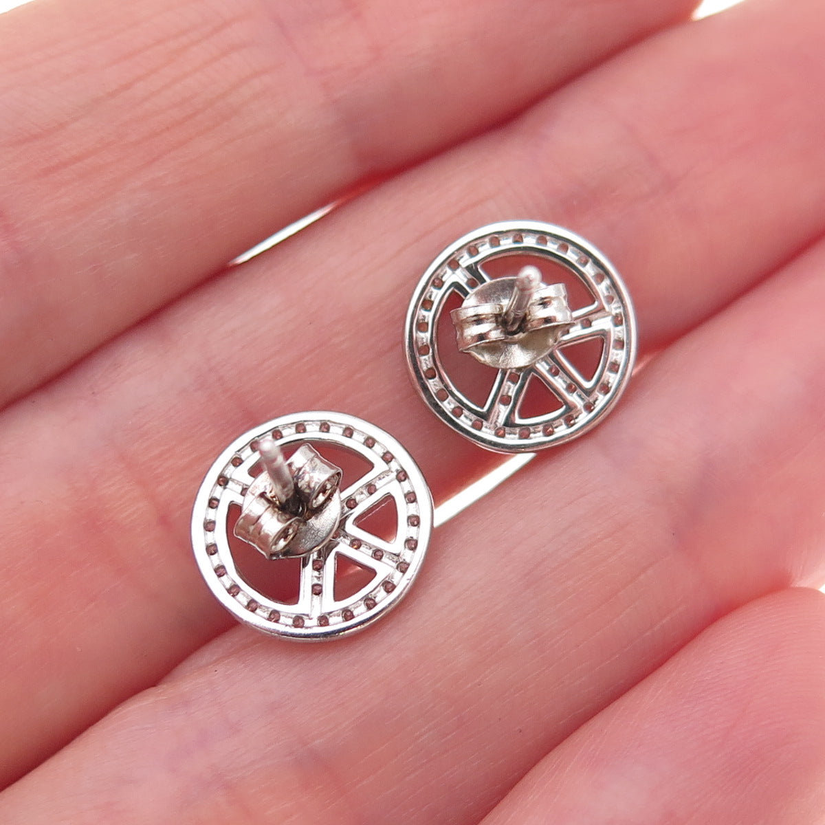 925 Sterling Silver Round-Cut C Z Peace Symbol Stud Earrings