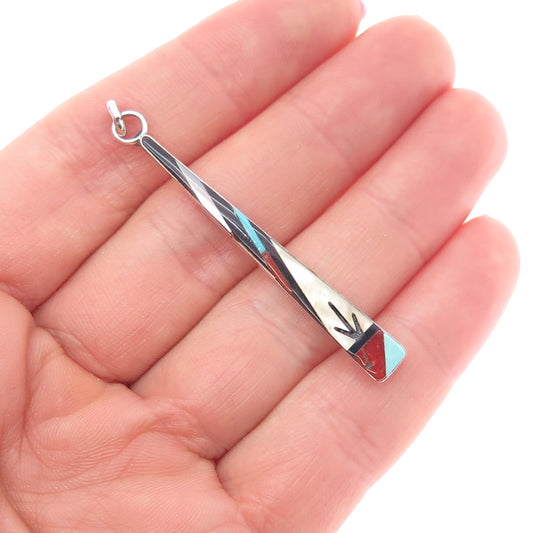 Old Pawn 925 Sterling Silver Vintage Turquoise Coral Onyx MOP Tribal Pendant